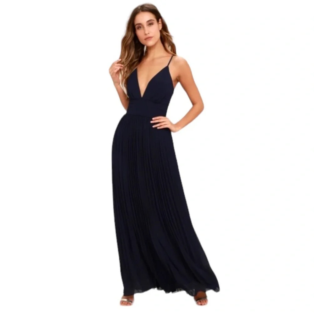 Lulu's Depths of My Love Navy Blue Maxi Dress V-Neck Sleeveless Navy Blue Size S